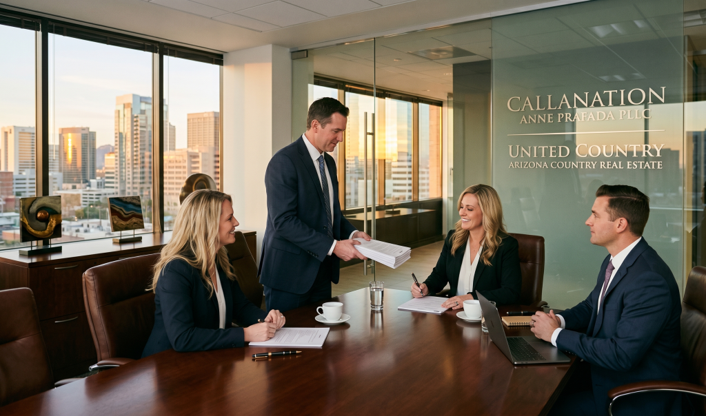 Doreen Letson and Anne Prafada PLLC team closing a high-end residential real estate transaction in a professional Arizona office with United Country Arizona Country Real Estate branding.