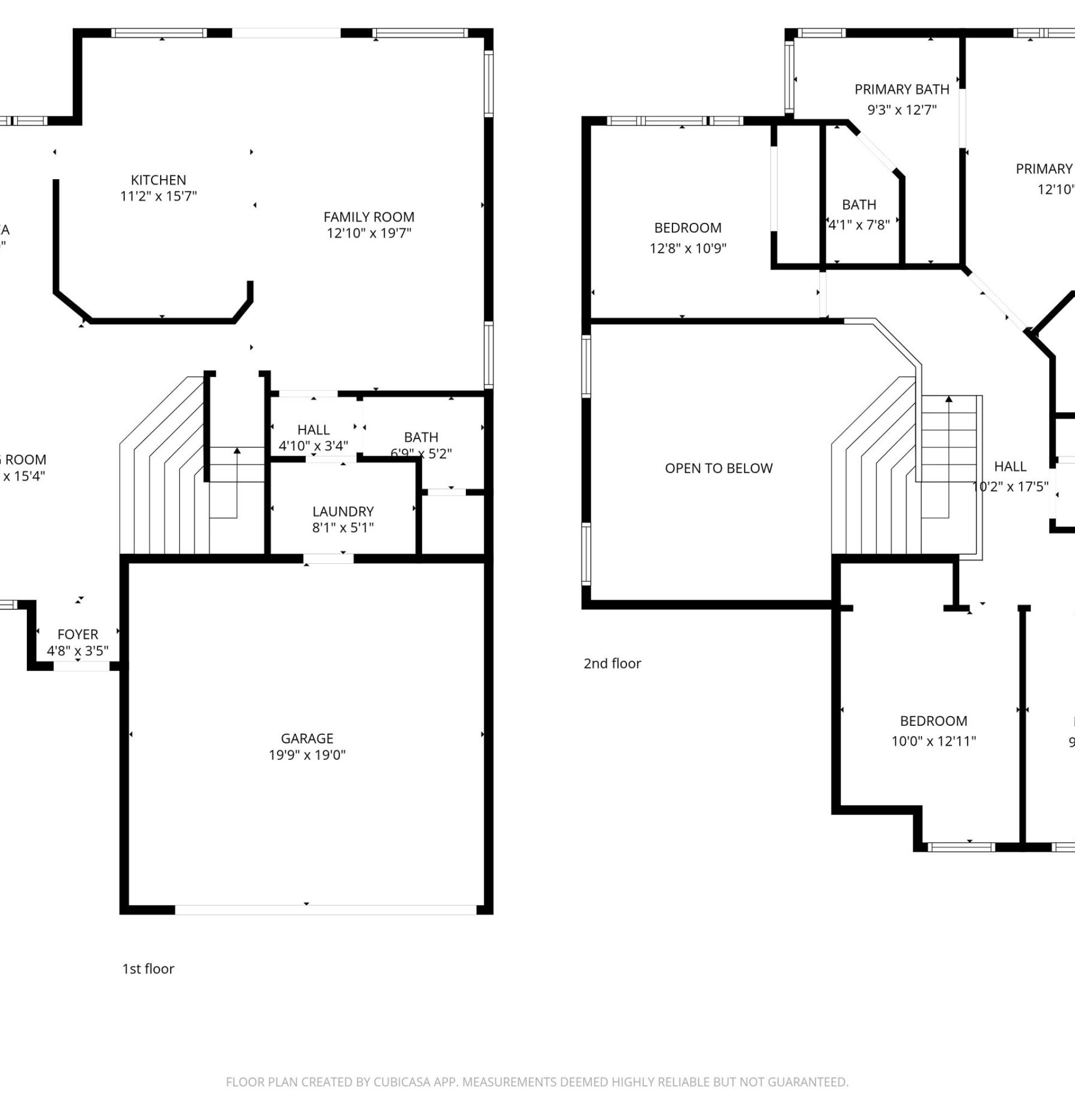 Detailed 2D floor plan for 845 S Cerise in Mesa, AZ, showing the first floor with a two-story foyer, living room, kitchen, family room, and laundry, and the second floor featuring four bedrooms, including a large primary suite with an ensuite bath and walk-in closet.