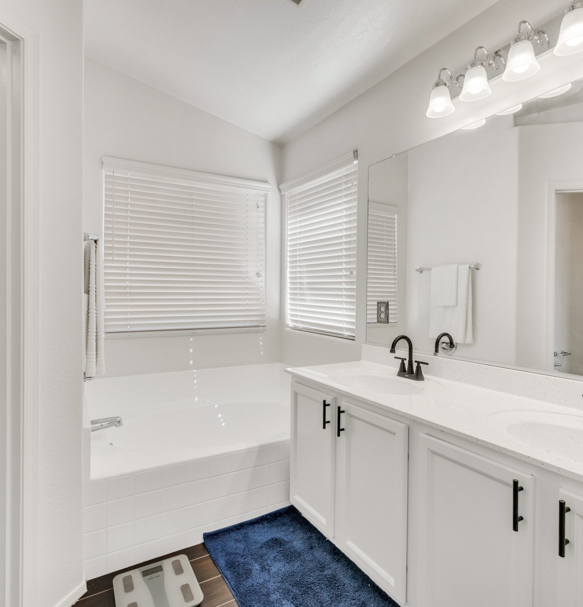 Interior of the primary bathroom at 845 S Cerise in Mesa, AZ, featuring a white double vanity with black hardware, a large soaking tub, arched ceilings, and modern wood-look tile flooring in the gated La Fortina community.